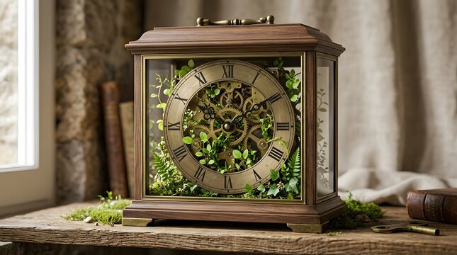 A vintage style wooden clock with glass sides  revealing intricate brass gears and decorative greenery  placed on a weathered wooden table near a window