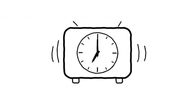 Minimalist hand drawn black and white line art animation of a classic bedside alarm clock. The second hand ticks for three seconds, the minute hand clicks to 12 together with the third tick, then the
