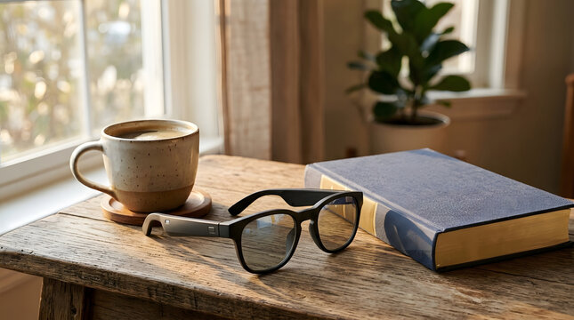 A ceramic coffee mug  smart glasses  and a thick blue bound book rest on a weathered wooden table near a bright window with a potted plant in the background