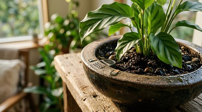 A vibrant green leafy plant in a dark textured ceramic pot rests on a worn wooden surface  illuminated by gentle daylight from a nearby window