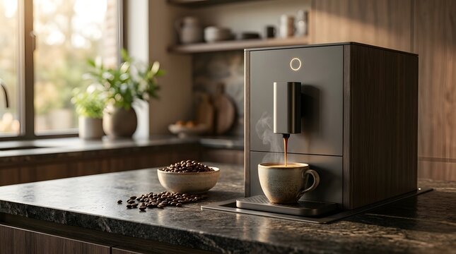 A sleek  dark colored coffee hine dispenses coffee into a textured ceramic mug on a granite countertop  surrounded by coffee beans and a green plant in soft natural light