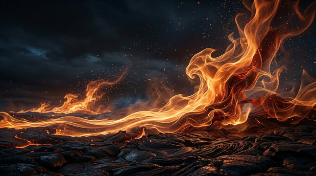 Intense orange fire and swirling flames rising from a dark volcanic landscape featuring textured hardened lava rock under a dramatic smoky sky with flying embers and sparks.