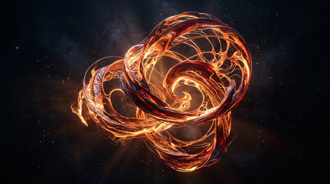 Abstract molten gold and fire loops swirling in deep space with floating embers and cosmic dust particles, representing solar energy or fluid dynamics in a cinematic digital render.
