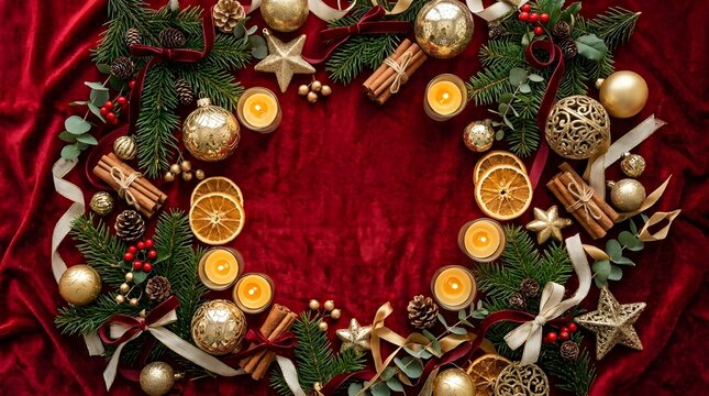 A beautifully arranged Christmas wreath featuring evergreen branches  shiny gold baubles  star deco ns  cinnamon sticks  dried citrus slices  and glowing candles