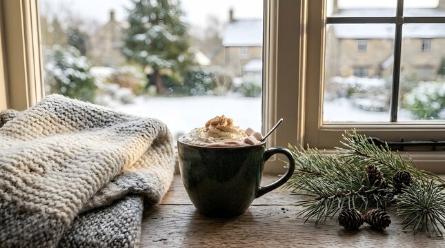A warm  inviting cup of hot chocolate topped with whipped cream and cinnamon rests on a rustic wooden ill  next to a soft knitted blanket and fresh pine branches