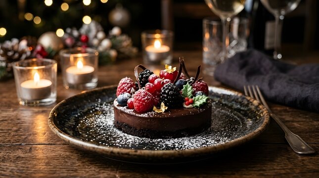 A rich chocolate tart adorned with raspberries  blackberries  red currants  and holly  dusted with powdered sugar  presented on a dark ceramic plate amidst warm candlelight and Christmas themed decor