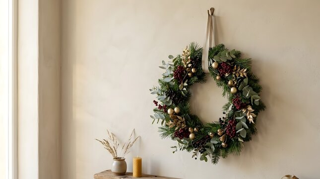 A circular holiday wreath decorated with pine  eucalyptus  red berries  and gold baubles is suspended on a textured beige wall  next to a rustic shelf holding a candle and dried grasses