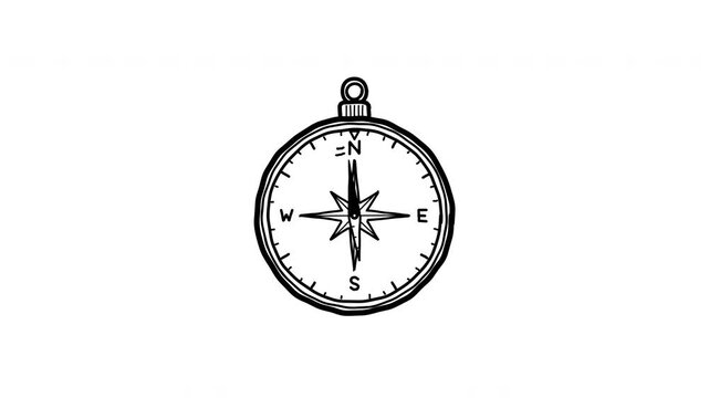 Minimalist hand drawn black and white line art animation of a classic pocket compass with a ring, crown, compass rose and N E S W letters. The magnetic needle moves slowly and naturally as if searchin