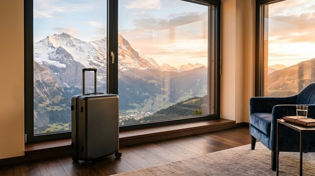A modern black suitcase is positioned beside a panoramic window revealing majestic snow covered peaks bathed in warm sunset light  complemented by a plush blue armchair in the room