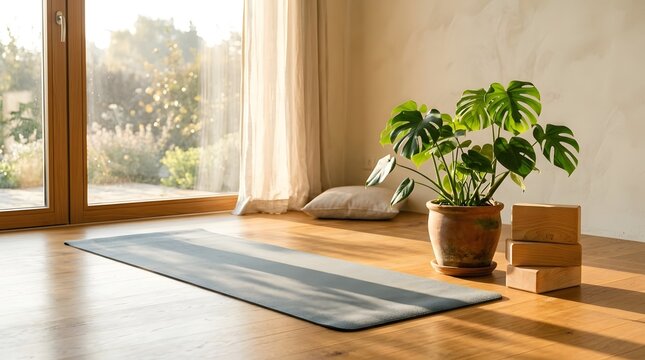 A tranquil room with a gray yoga mat  a large monstera plant in a terracotta pot  wooden blocks  and natural light from a glass door on polished wood flooring
