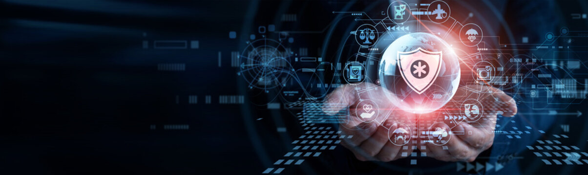 Policy agent. Human hands holding InsurTech glowing global globe processing digital claim evaluation forms online. Insurance consultant tracking automated corporate underwriting software.