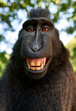 black macaque smiling at camera in jungle 