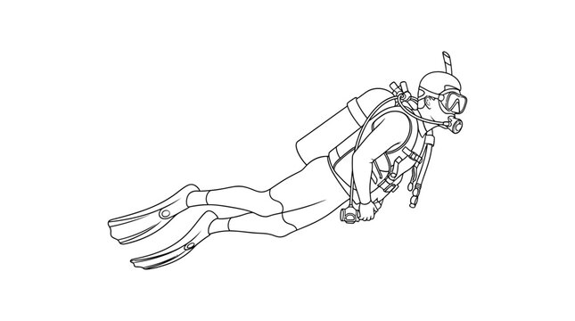 Line drawing depicts a scuba diver with full equipment on a white background