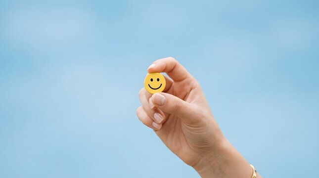 A person s hand gently grips a tiny yellow smiley face button  set against a soft blue sky  conveying a sense of cheerful simplicity