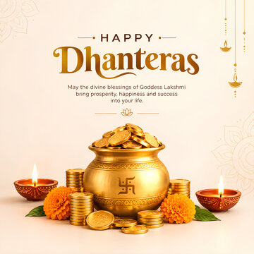 Golden Pot with Coins and Diyas Celebrating Dhanteras