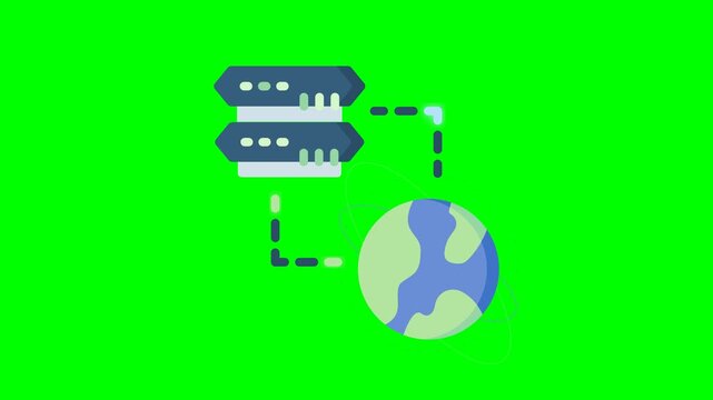 Premium 8-second 4K seamless loop motion graphic depicting web hosting servers syncing data with a global network, featuring data transmission, blinking server rack lights, and a rotating digital glob