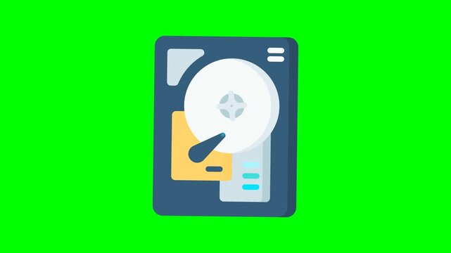 Premium 10-second seamless loop motion graphic depicting internal hard disk drive mechanics, high-speed magnetic platter rotation, actuator arm head seeking, and data transfer bus activity. Ideal for
