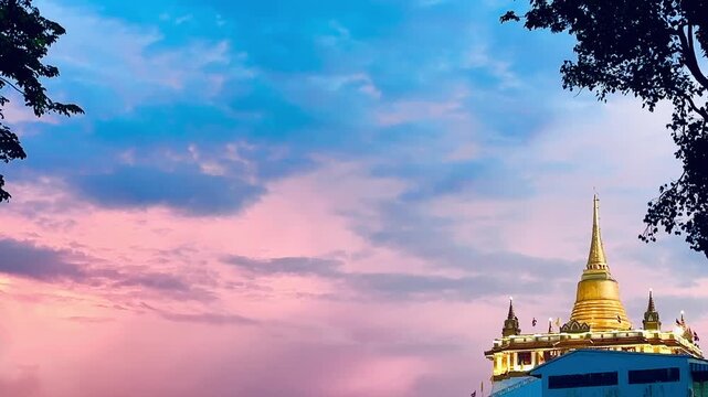 Golden Mountain Pagoda at Wat Saket standing beneath a vibrant pastel sunset sky with pink and blue clouds in Bangkok, Thailand, framed by silhouettes of lush green tree leaves in the evening.