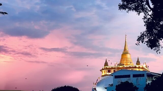 Golden Mountain Pagoda at Wat Saket standing beneath a vibrant pastel sunset sky with pink and blue clouds in Bangkok, Thailand, framed by silhouettes of lush green tree leaves in the evening.