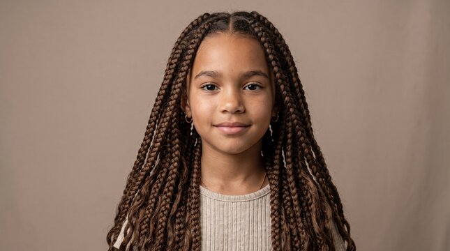 Studio portrait of a cute black little girl with long brown box braids smiling calmly against a beige background
