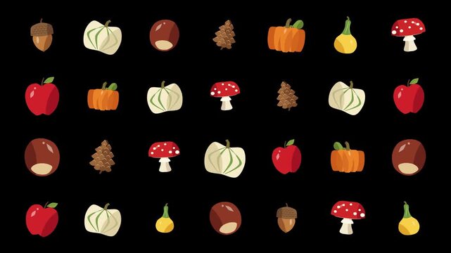 Charming animated autumn icons pattern looping motion graphic background with seasonal harvest symbols