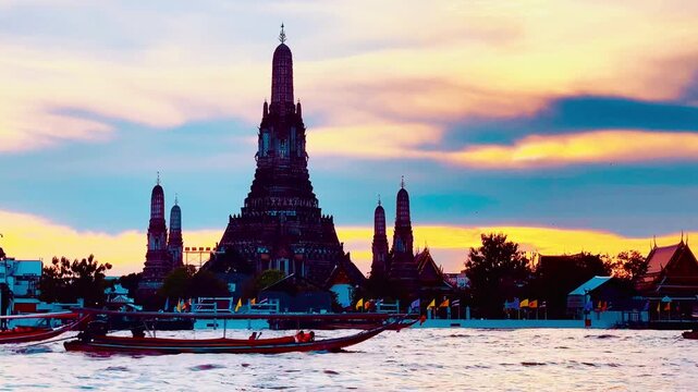 Silhouette of Wat Arun pagoda against a dramatic orange sunset sky over the Chao Phraya River in Bangkok, Thailand, creating a serene, golden twilight scene along the historic waterfront.