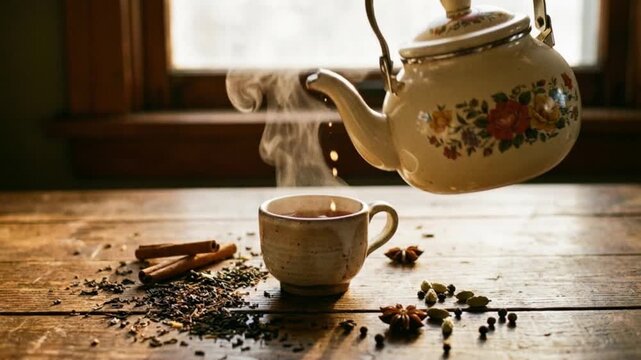 A vintage enamel teapot pouring rich, amber-colored chai tea into a small rustic cup, set on a warm wooden table near a sunlit window, surrounded by fragrant spices.
