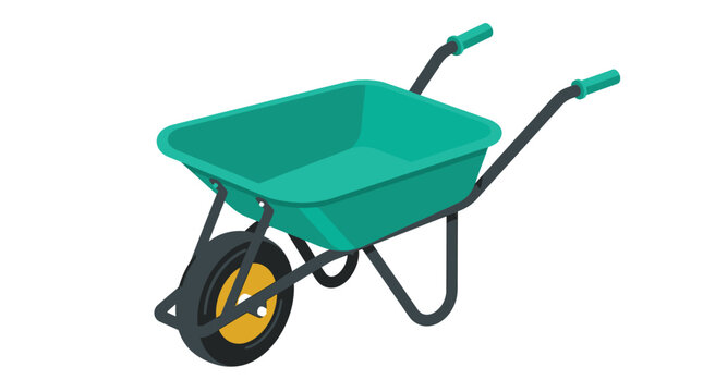 Turquoise wheelbarrow vector illustration featuring isometric design style with bright yellow wheel