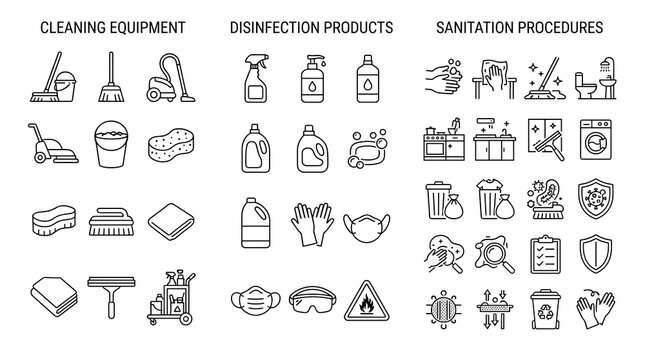 Professional Cleaning Disinfection and Sanitation Editable Line Icons