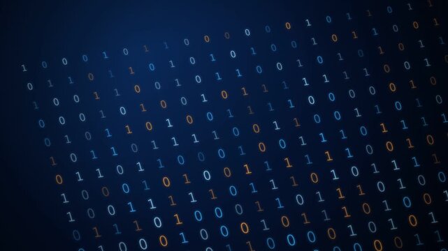 Binary code stream animation featuring glowing numbers flowing across dark blue digital motion background video footage