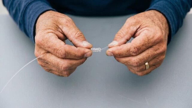 Close-up view of experienced hands meticulously tying an intricate Firefly fishing knot on a strong, heavy monofilament line, demonstrating a crucial skill.