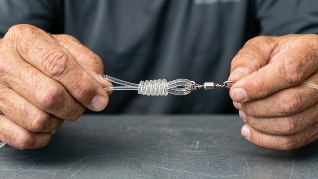 Experienced hands meticulously tying an intricate Firefly fishing knot on clear monofilament line with a swivel connector.