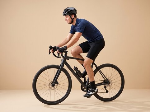 Side view of a fit young male cyclist riding a modern black road bike, wearing a helmet and professional cycling gear, studio shot against a neutral beige background