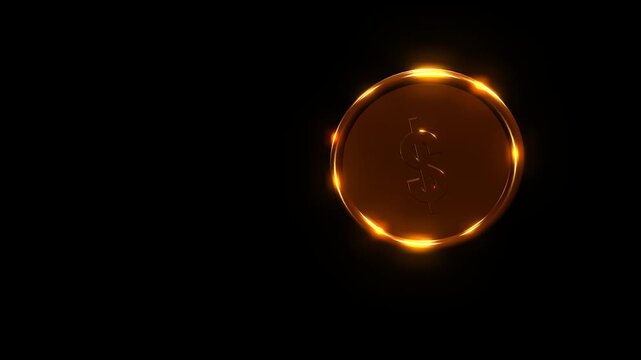 Premium 3D gold dollar coin with a geometric embossed $ symbol swinging like a pendulum while rotating, featuring reflective metallic surfaces, warm cinematic lighting and dramatic motion.