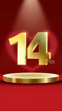 Valentine's day promotion with gold 14 feb lettering on a red podium, february 14 celebration date, retail holiday launch display with raised numerals