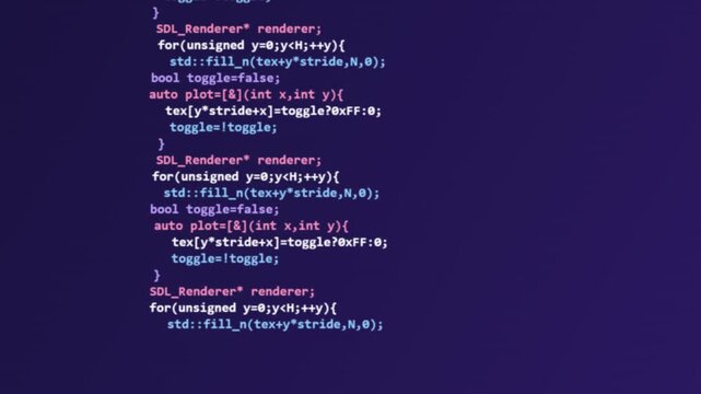 C++ source code scrolling down smoothly on dark computer monitor screen showing software development video footage clip