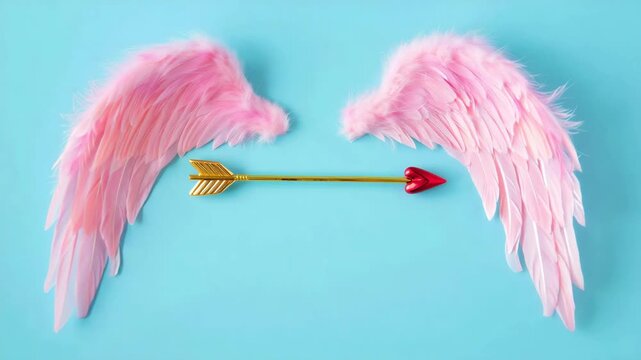 Pink feathered wings framing a cupid arrow, valentine's day stationery on blue with copy space for a romantic message