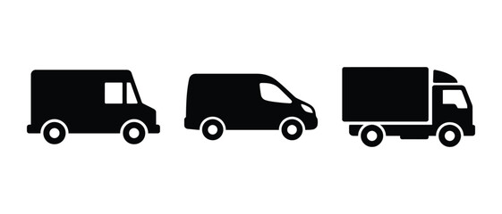 Set of black silhouette icons representing different types of delivery trucks and commercial cargo vans for logistics services © Sefa Begum
