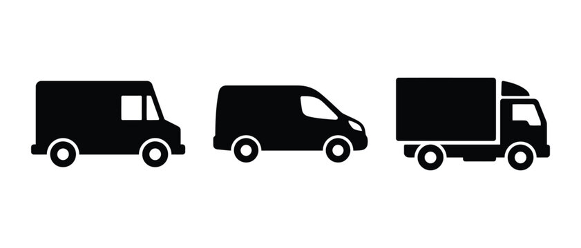 Set of black silhouette icons representing different types of delivery trucks and commercial cargo vans for logistics services
