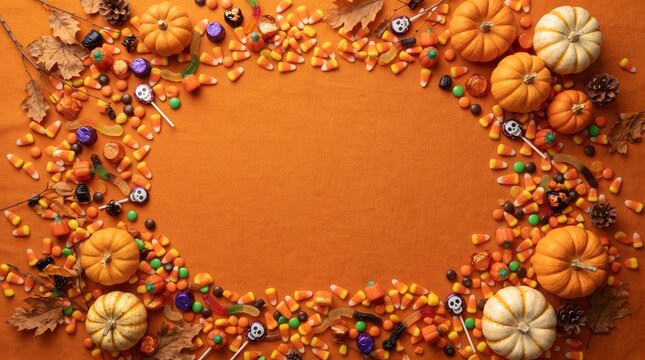 オレンジ色の背景にキャンディコーンとカボチャを散らしたハロウィンのフレーム