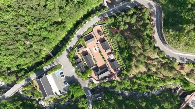 Aerial drone view of Donguibogam Village traditional oriental medicine theme park in Sancheong, South Korea