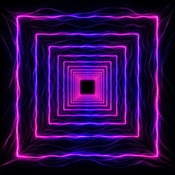 Vibrant Neon Pink and Purple Square Spiral, Abstract Geometric Framed Tunnel, Glowing Electric Art Background