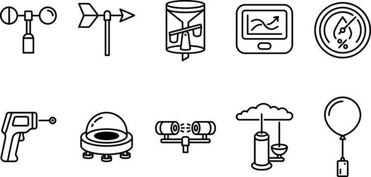 Weather observation instruments icon set, meteorological monitoring equipment for climate research, isolated line art vector collection