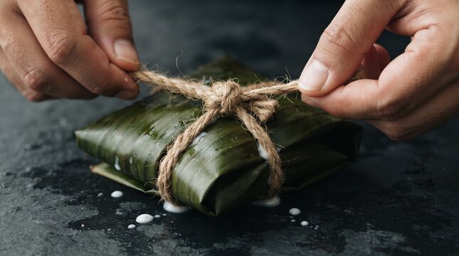 Hands Tying Natural Plant Fiber String on Banana Leaf Parcel