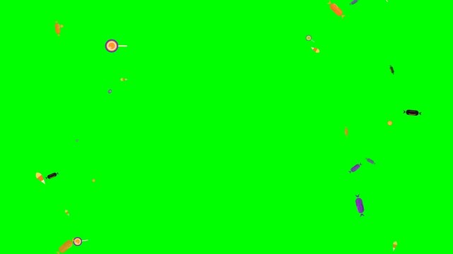 A playful shower of generic Halloween candies falling naturally over a solid chroma-green background (#00FF00) with varied sizes, realistic physics, rotations, and a clean center for seamless composit