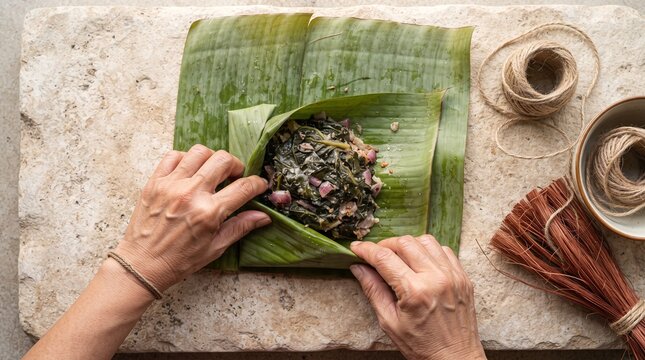 Top Down Hands Folding Banana Leaf Food Parcel on Sandstone
