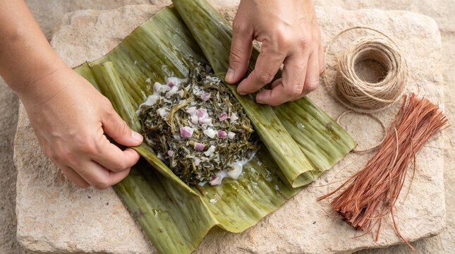 Top Down Hands Folding Banana Leaf Food Parcel on Sandstone