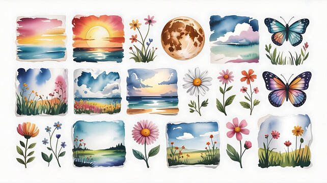 Watercolor art collection featuring nature landscapes suns moons flowers and butterflies