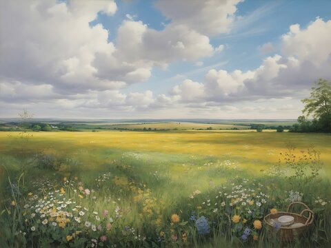 A serene countryside landscape featuring a vibrant green and yellow field under a partly cloudy blue sky