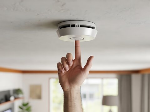 A person hand testing a smoke detector mounted on a white ceiling inside a home